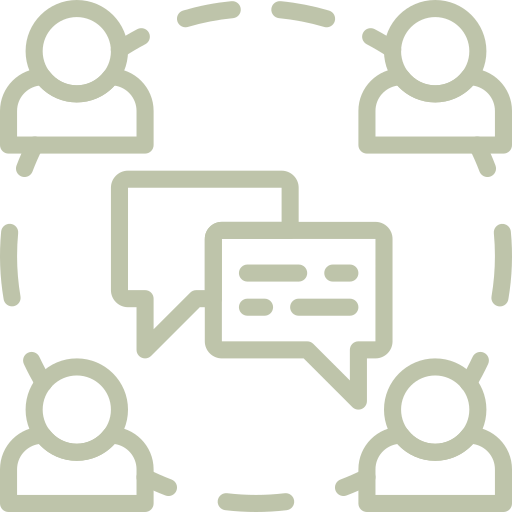 icon of the outline of four people connected with speech bubbles